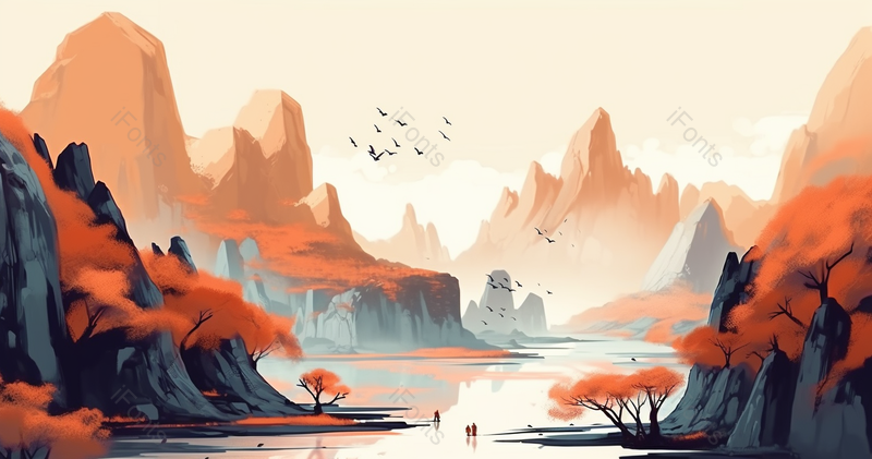 漫山红叶的秋季山川湖泊秀丽美景背景,插画/手绘图,插画/手绘图库,插画/手绘图下载,插画/手绘